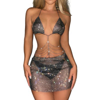 2 Pieces Halter Crop Top and Mini Skirt Set Glittering for Clubwear, Night Out