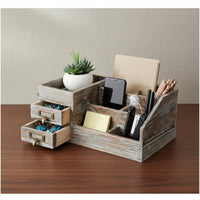 Wooden Desktop Organizer with Drawers Space Saving Multi-Compartment Desk Holder Vintage Office Supply Holder for Countertop