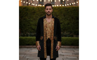 Court Coat with Brocade Panels Notched Collar Medieval Pirate Jacket Knee-Length