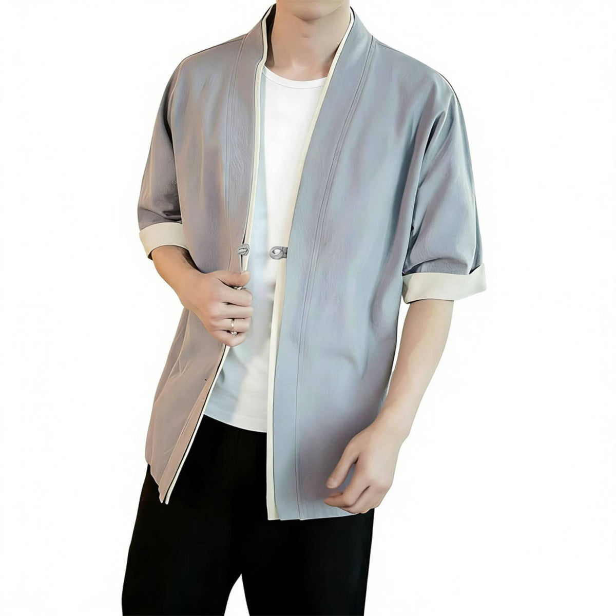 Loose Kimono Cardigan for Men, Chinese Style Summer Robe, Five-Quarter Sleeve, Pan Button, Relaxed Jacket