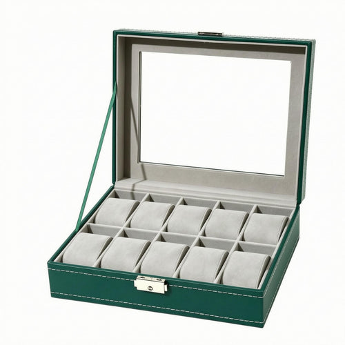 10 Slot Watch Box Transparent Lid Accessory Storage Stitched Detail