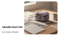 Fuzzy Makeup Bag Portable Fuzzy Cosmetic Pouch Fuzzy Heart Print Pouch Great Gift Soft Toiletry Bag With Wrist Strap for School