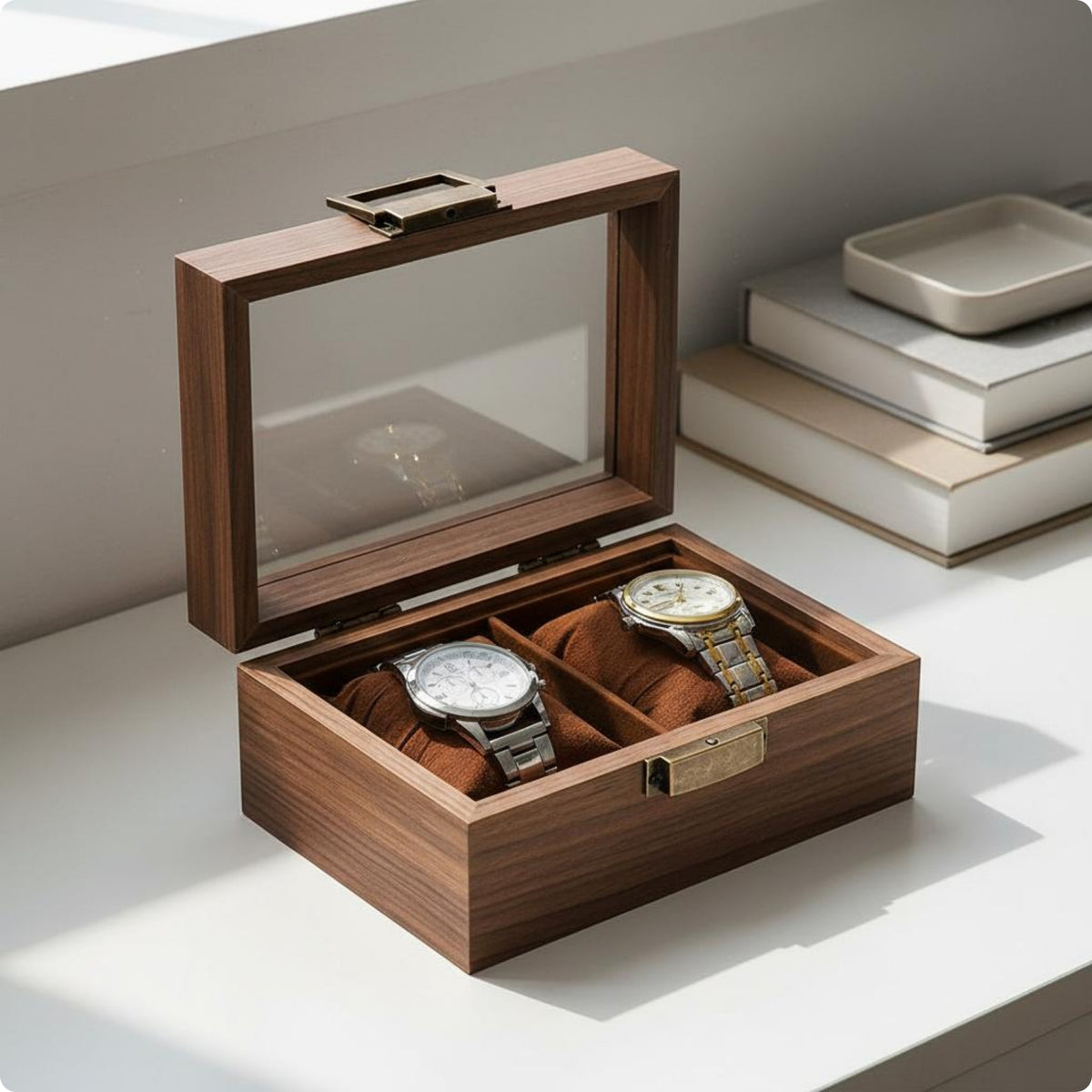 Glass Lid Watch Display Case Cushioned Pillows Wristwatch Organizer Metal Latch