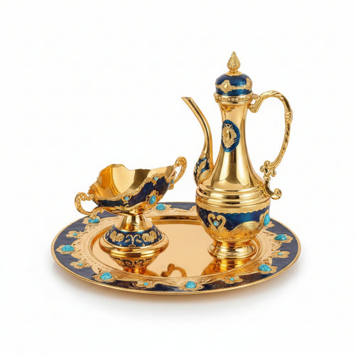 Drink Serving Set Side Handle Glossy Panels Tableware Vintage Teapot Set with Tray