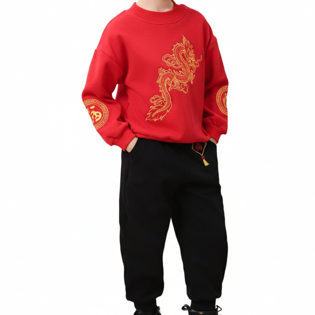 Celestial Creature Flamingo Embroidered Kids Fleece Sweatshirt Set, Chinese Style Traditional Tang Suit, Boys Girls New Year
