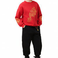 Celestial Creature Flamingo Embroidered Kids Fleece Sweatshirt Set, Chinese Style Traditional Tang Suit, Boys Girls New Year