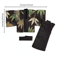 3 Pieces Black Waist Sash Wide Sleeves foliagePattern Kimono Jacket Matching Set
