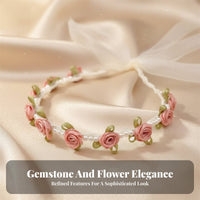Girls' Princess Crystal Flower Headband, Mesh Ribbon, Floral, Sweet Handmade Design