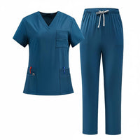 V-Neck Scrub Top and Pants Multi-Pocket Design Short Sleeve Medical Attire