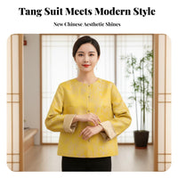 Yellow Jacquard Short Coat, Women's Loose Fit, Round Neck