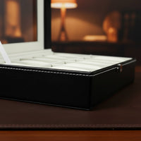 Watch Storage Box with Clear Lid Soft Interior Lining Watch Collection Box Metal Clasp Lock Contrast Stitching for Closet