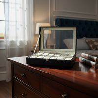 Watch Storage Box with Clear Lid Soft Interior Lining Watch Collection Box Metal Clasp Lock Contrast Stitching for Closet