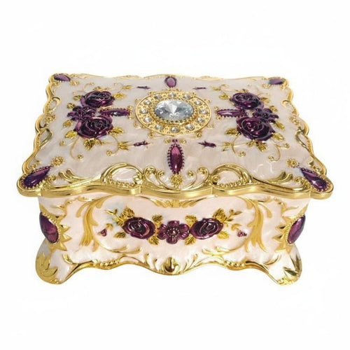 Enamel Finish Vintage Metal Jewelry Box Exquisite Handcraft Floral Embossed Trinket Case Jeweled Accent for Girls