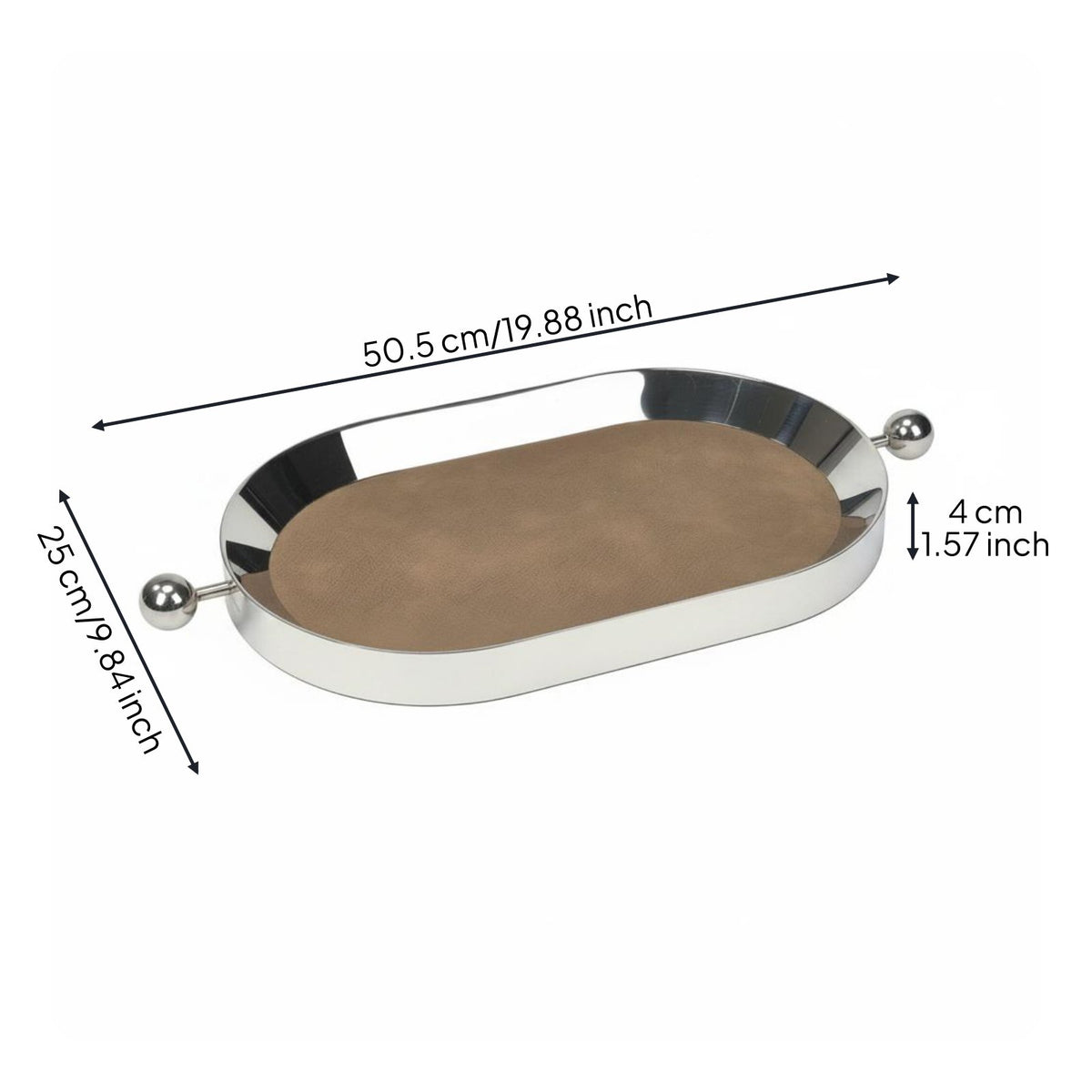 Decorative Serving Tray Stainless Steel Mirror Tray Leather Base Household Storage for Dining Table, Vanity