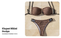 Alluring Design Ruched Bikini Set Removable Pads Ruched Bandeau Bikini Adjustable Straps for Young Adults, Vacation, Sunbathing