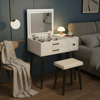 Hinged Lid Vanity Table Modern Minimalist Design Makeup Vanity with Storage Drawers Dressing Table with Mirror and Stool
