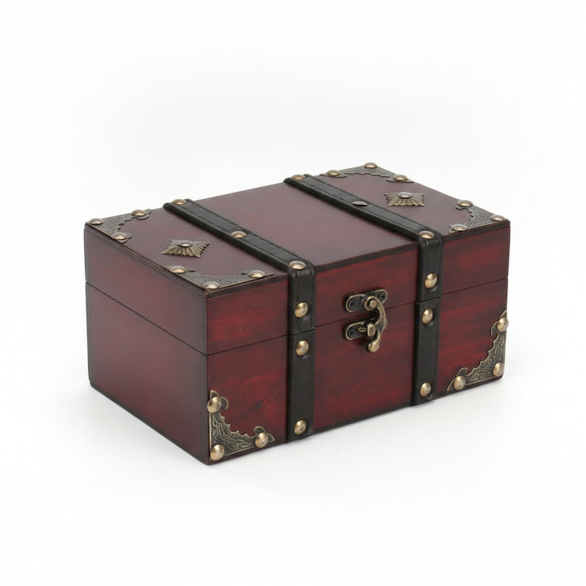 Hinged Lid Wooden Jewelry Box Brass Tone Accents Decorative Keepsake Box