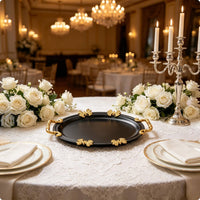 Black and Gold Tray Ornate Handles Oval Metal Tray