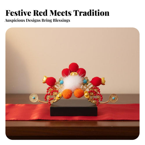 God of Wealth Hair Crown Good Luck Symbols Red Tassel Hair Comb Chinese Festive Hairpiece Handmade Traditional Chinese Headdress