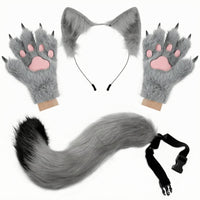 Feline Ears Tail Gloves Set Faux Fleece Cat Ear Headband Adjustable Strap Paw Gloves