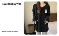 Women's Long Sleeve T-Shirt, Letter Print, Side Slit, Loose Fit, Urban Relaxed Style, Moderate-Length Pullover Top