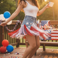 Denim Fringe Skirt Patriotic Waist Belt Skirt Button Closure