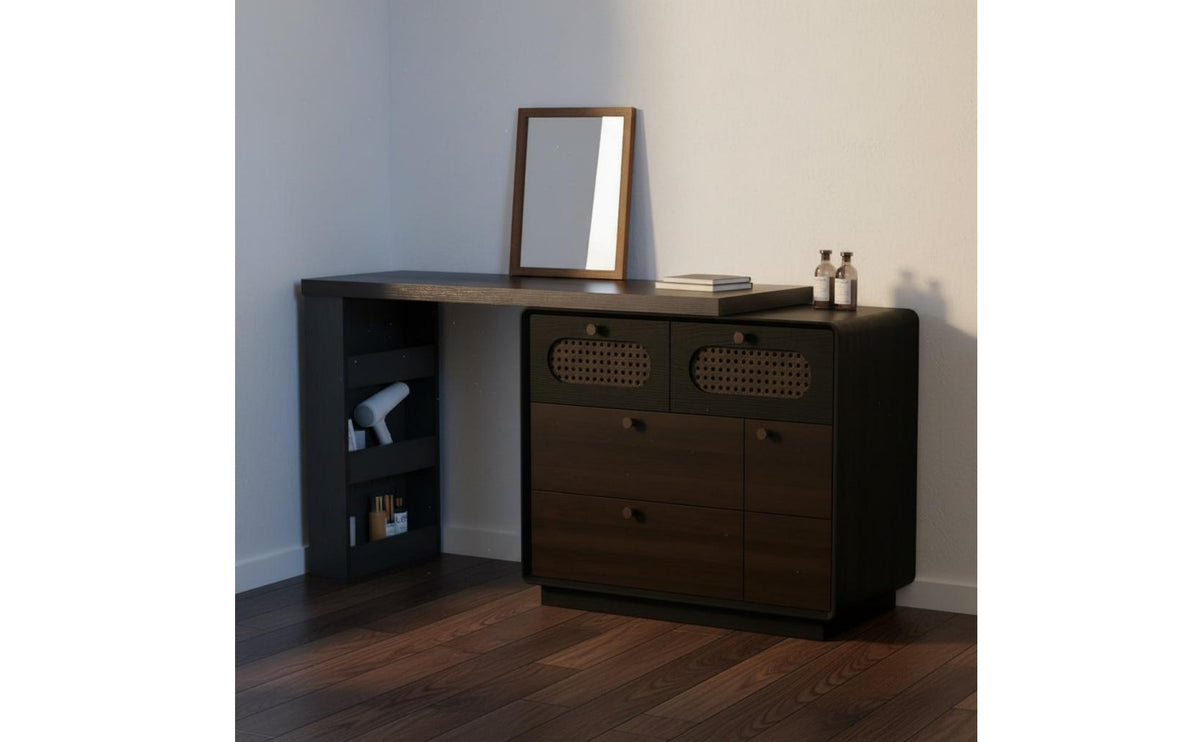 Easy to Clean Dressing Table with Storage Cabinet Adjustable Configuration Vanity with Chest of Drawers Scratch-Resistant Extendable Dressing Table Waterproof for Small Areas