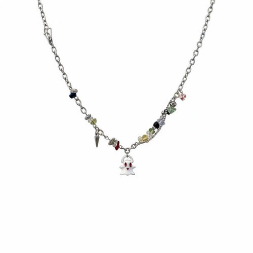 Specter Pendant Mixeddesign Chain Halloween Themed Short Beaded Necklace