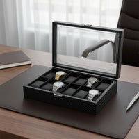 Carbon Fiber Watch Box Clear View Lid Watch Collection Organizer Men's Jewelry Organizer Large Capacity