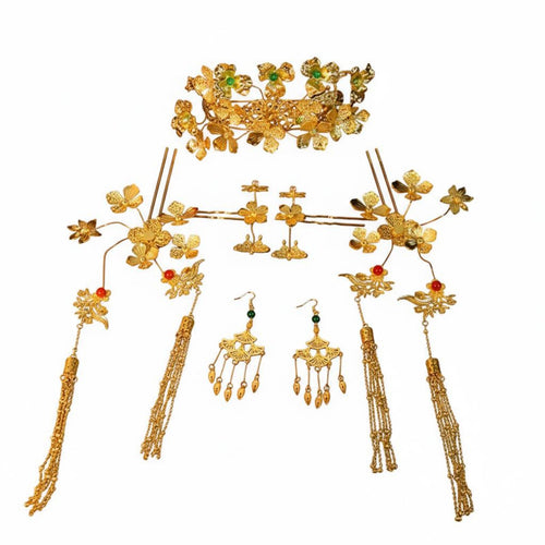 Chinese Bridal Headdress Set Intricate Design Dragon Crown and Hairpin Set Chinese Wedding Crown Gold Plated for Tea Ceremony