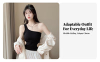 Single Shoulder Top Built-in Pads Padded Camisole Ribbed Cutout Top Korean Design Close Fit for Young Women, Summer