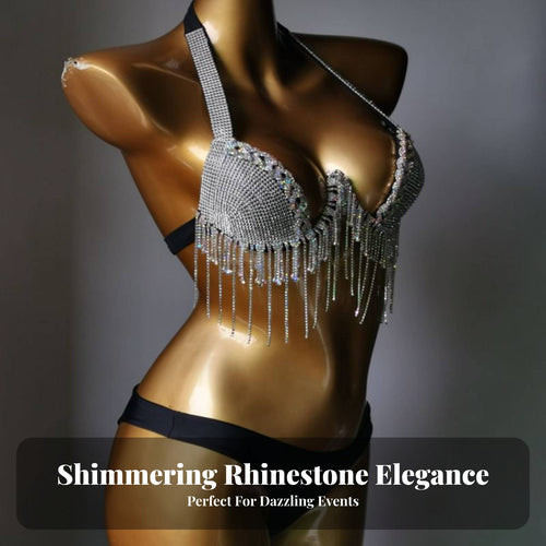Adjustable Straps Rhinestone Tassel Bikini Push Up Design Shimmering Nightclub Bikini for Dancers, Young Adults, Nightclubs, Club