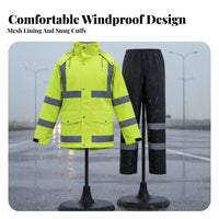 Heavy Duty Reflective Rain Suit Wear Resistant High Visibility Raincoat Set Detachable Hood for Nighttime, Rainy Weather, Construction Sites