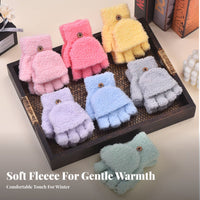 Solid Color Flip Top Fleece Gloves Warm and Thick Convertible Fingerless Gloves Texting Friendly for Students, Kids, Writing, Typing, School