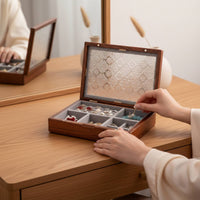 Wooden Jewelry Box Sturdy Wood Construction Glass Lid Jewelry Organizer Finger Adornment and Earring Storage Box Soft Textile