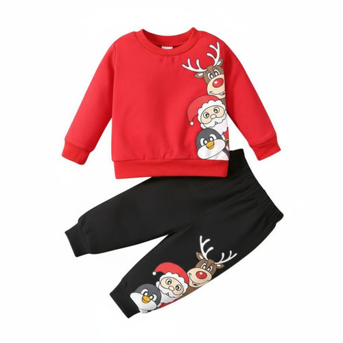 Boys Girls Cartoon Pullover Set, Autumn Long Sleeve, Reindeer Santa Theme, Holiday Style