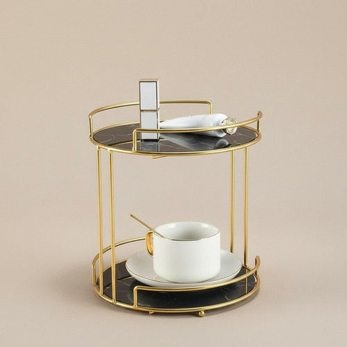 2-Tier Makeup Organizer Long-Lasting Gold Metal Vanity Shelf Marble Pattern