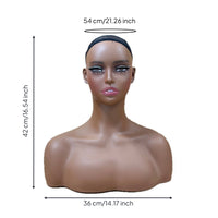 Mannequin Head with Shoulders Dark Skin Tone Realistic Hairpiece Head Shouldered Display Figure