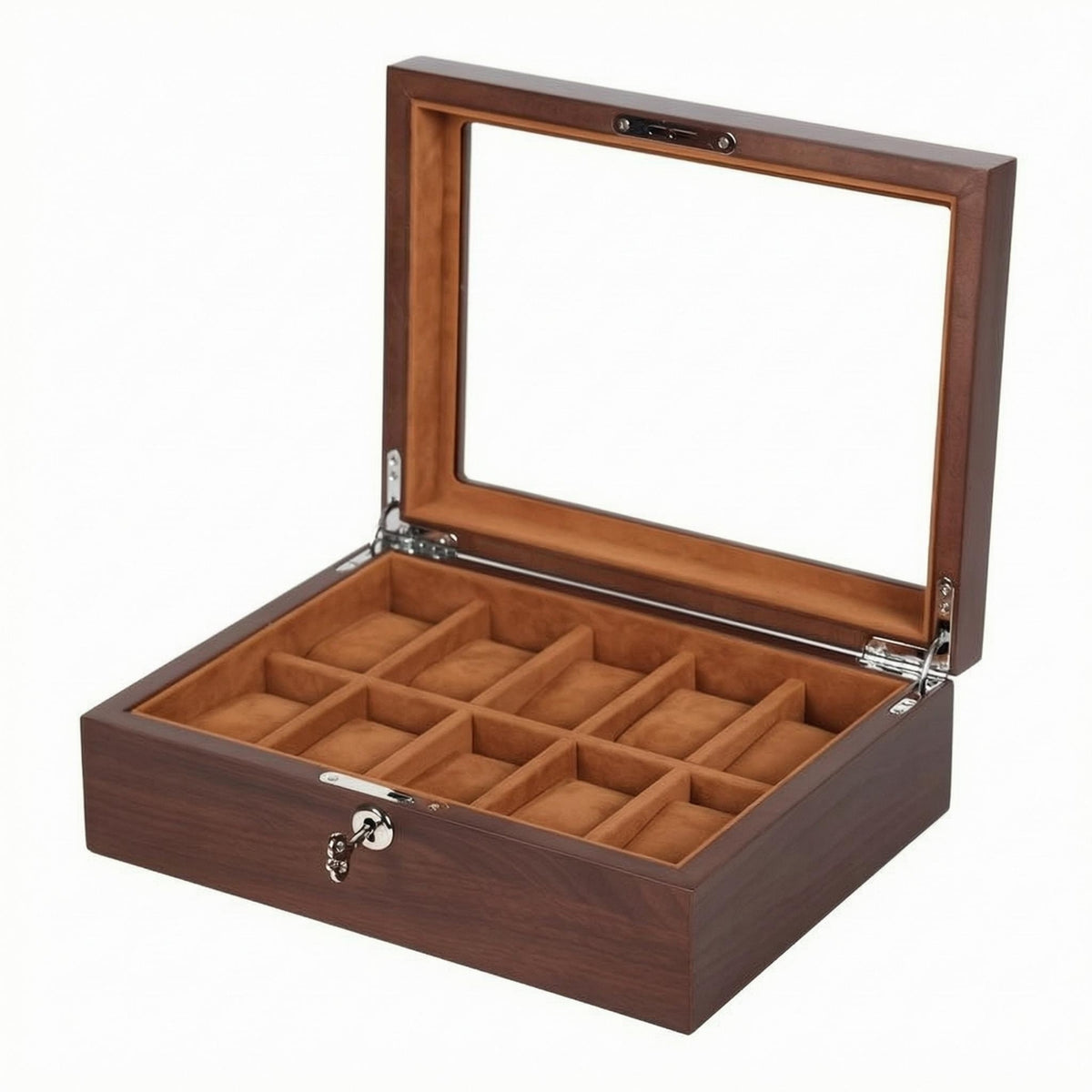 Glass Lid Watch Display Box Metal Lock Wooden Watch Display Case Wood Grain