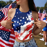 Patriotic Crop Top Slim Fit American Flag Crop Top Digital Print Round Neck Sleeveless Vest for Teens