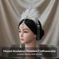 Ancient Design Feather Headdress Long Tassels Tassel Hair Crown Chinese Costume Headpiece Artificial Feathers Crystals Tone