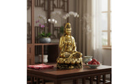 Peace Blessing Guanyin Statue Gold Finish Golden Guanyin Figurine Ornate Details Deity of Mercy Sculpture Detailed Carving for Office Desk