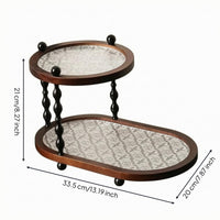 Oval Storage Rack Black Turned Columns Two-Tier Rack Brown Wood-Tone