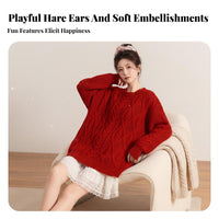 3 Pieces Fuzzy Knit Crop Top Skirt Set Holiday Themed Red Bunny Girl Outfit