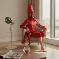 Squid Costume Shiny-Look Jumpsuit with Hood Novelty Bodysuit for Cosplay
