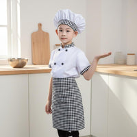 3 Pieces Includes Hat and Apron Kids Chef Costume Double Breasted Jacket Children's Cook Uniform Gingham Trim Kids Baker Costume for Toddlers, School Plays