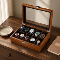 10-Slot Watch Box Soft Compartments Glass-Top Watch Case Dust Protection