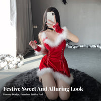 3 Pieces Christmas Lingerie Dress Lace-up Front Trim Soft Pile Material Mini Dress Merry Matron Holiday Lady Lingerie Outfit