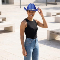 Glittery Blue Cowboy Hat Tall Crown Textured Cotton Twill-Like Cowboy Hat