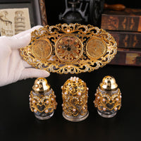 3 Pieces Filigree Condiment Set Gold-Colored Glass Condiment Jars Heart